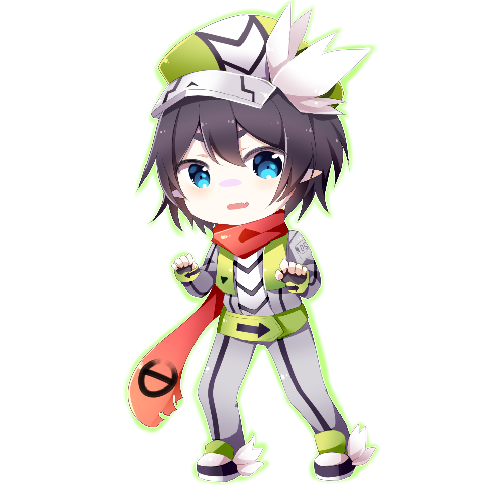 1boy aotu_world black_gloves black_hair blue_eyes blush chibi fingerless_gloves full_body gloves male_focus parted_lips pointy_ears short_hair shu_(pjxv7485) smile solo standing