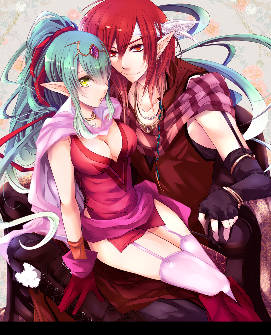1boy 1girl aged_up amiko_(frostedchocolate) blue_hair boots breasts cape cleavage dress elbow_gloves fingerless_gloves fire_emblem fire_emblem:_mystery_of_the_emblem fire_emblem_awakening garter_straps gloves hair_ribbon headband knee_boots large_breasts long_hair nintendo pink_thighhighs pointy_ears ponytail red_dress red_eyes red_gloves red_hair ribbon scarf short_dress sitting sitting_on_lap sitting_on_person thighhighs tiki_(adult)_(fire_emblem) tiki_(fire_emblem) xane_(fire_emblem) yellow_eyes