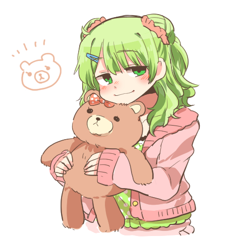 1girl blush_stickers camisole closed_mouth cropped_torso double_bun green_camisole green_eyes green_hair hair_bun hair_ornament hairclip holding holding_stuffed_toy jacket long_sleeves lowres morinaka_kazaki morinaka_kazaki_(2nd_costume) nijisanji open_clothes open_jacket pink_jacket polka_dot_camisole rebecca_(keinelove) simple_background sleeves_past_wrists smile solo stuffed_animal stuffed_toy teddy_bear upper_body virtual_youtuber white_background