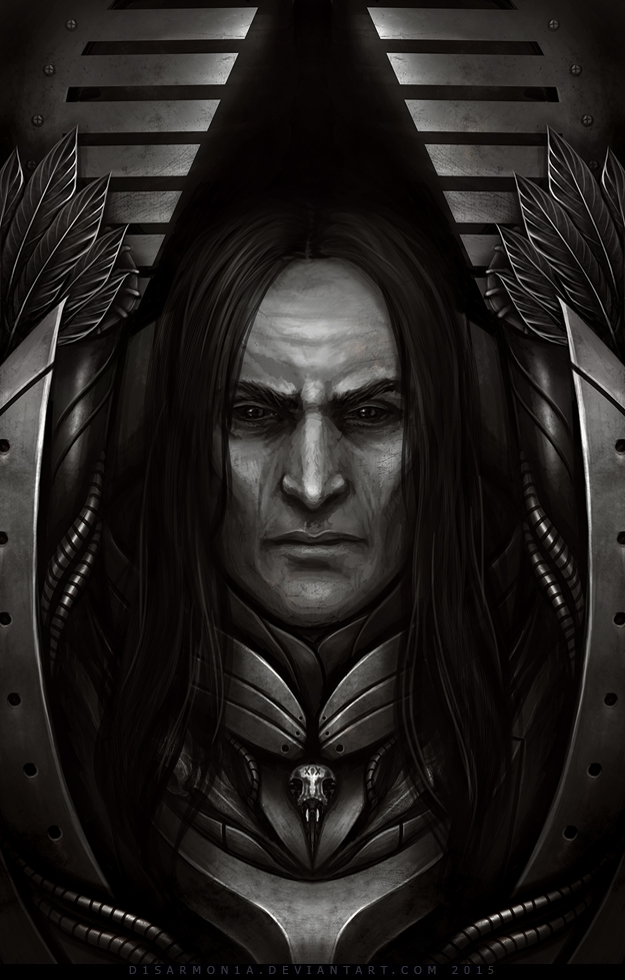 1boy animal_skull animal_skull_ornament armor bird_skull black_background breastplate closed_mouth commentary corvus_corax_(warhammer) dated deviantart_username english_commentary long_hair looking_at_viewer male_focus monochrome portrait power_armor primarch raven_guard simple_background solo straight-on veronica_anrathi warhammer_40k watermark web_address