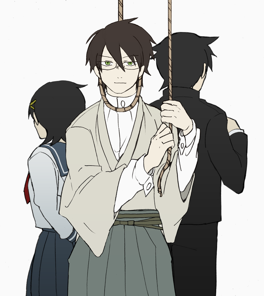 1girl 2boys arms_behind_back black_hair blue_skirt from_behind fuura_kafuka gakuran glasses green_eyes hair_ornament hakama imminent_suicide itoshiki_nozomu japanese_clothes kimono kudou_jun laughuman looking_at_viewer male_focus multiple_boys neckerchief noose red_neckerchief sailor_collar sayonara_zetsubou_sensei school_uniform serafuku short_hair shosei simple_background skirt smile straight-on white_background x_hair_ornament
