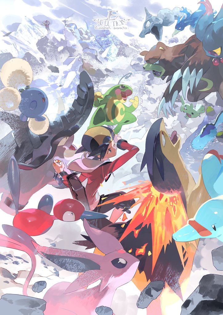 1boy battle bear black_hat black_shorts blue_skin body_fur brown_fur colored_skin donphan e_volution espeon ethan_(pokemon) fire forehead_jewel frog game_freak gen_1_pokemon gen_2_pokemon ghost golduck hat holding holding_poke_ball hood hooded_jacket jacket jumpluff larvitar misdreavus mountain nintendo onix phanpy pikachu poke_ball pokemon pokemon_(creature) pokemon_hgss politoed porygon2 purple_fur quagsire red_(pokemon) red_jacket shorts two-tone_hat ursaring yellow_hat