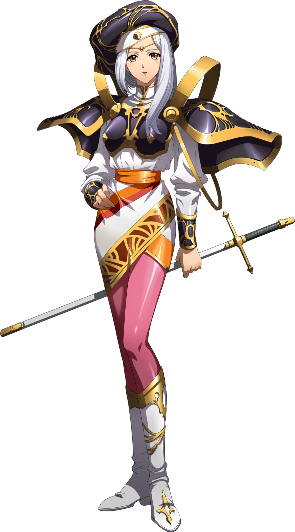 1girl armor black_headwear boots breastplate brown_eyes dress full_body hand_on_own_hip highres holding holding_sheath langrisser langrisser_iv long_sleeves looking_at_viewer official_art pantyhose pink_pantyhose selena_(langrisser) sheath sheathed shiny_clothes shiny_legwear shoulder_armor solo standing sword transparent_background weapon white_boots white_dress
