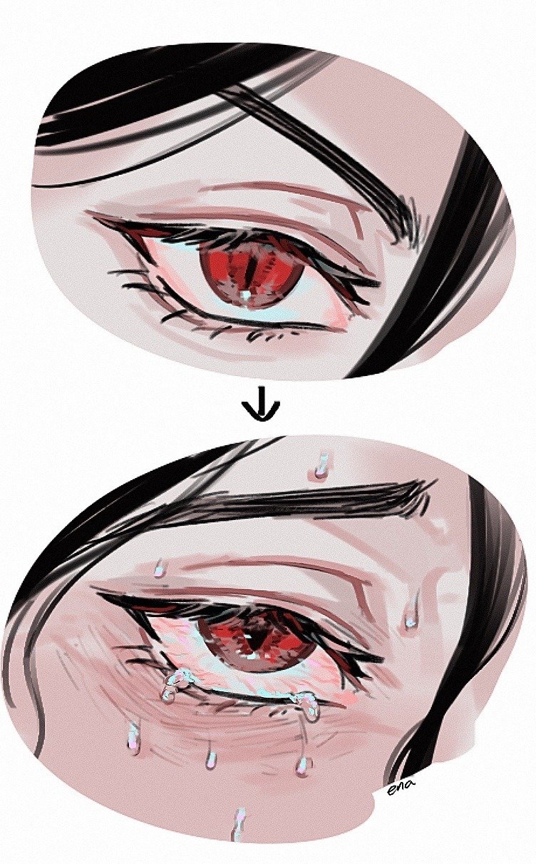 black_hair bloodshot_eyes crying crying_with_eyes_open demon_boy ena33333333 eye_focus eyelashes highres kuroshitsuji male_focus pale_skin red_eyes sebastian_michaelis slit_pupils sweat tears tsurime