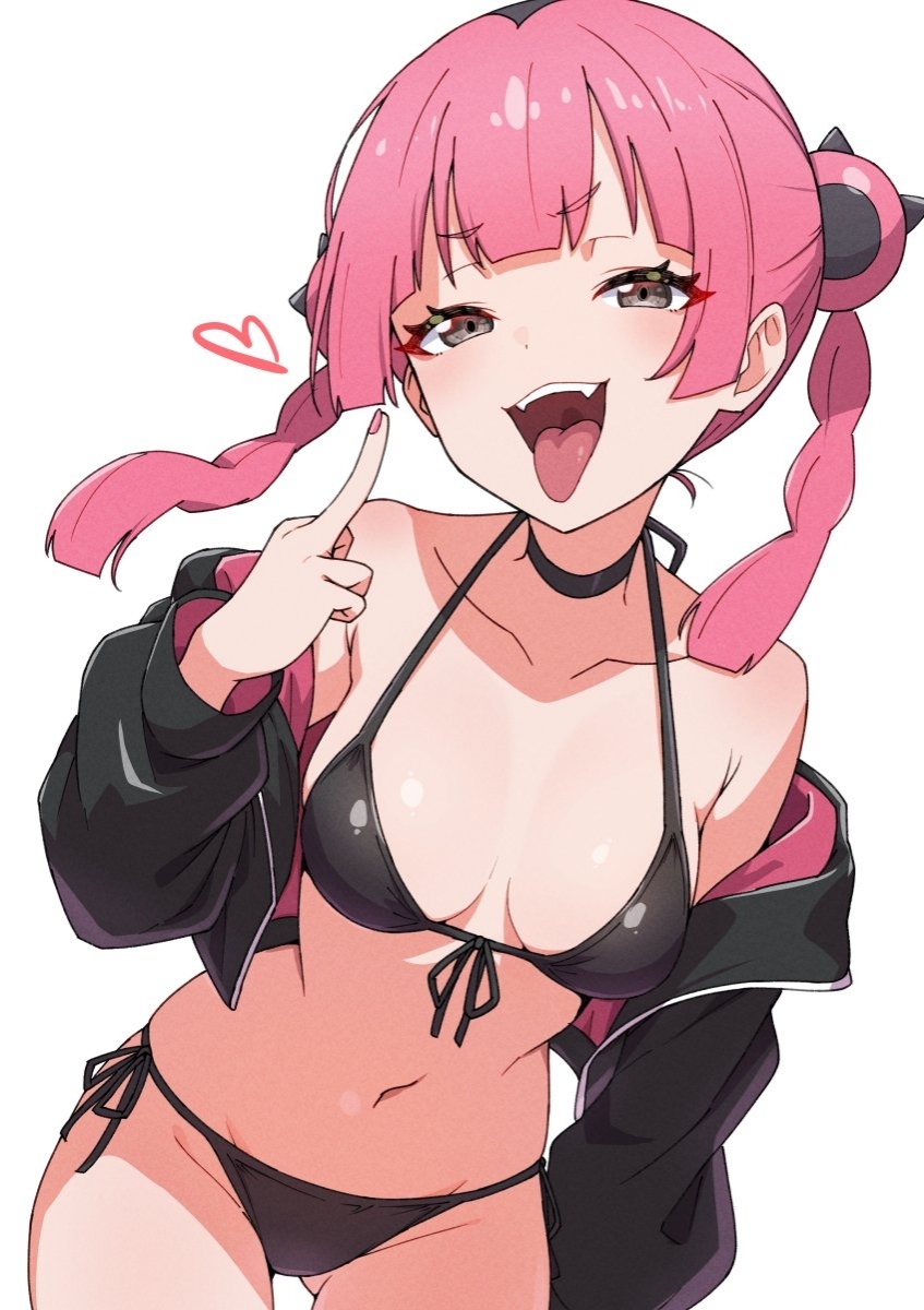 1girl :d bikini black_bikini black_choker black_jacket braid breasts choker coral_(pokemon) fangs gluteal_fold grey_eyes hair_ornament halterneck heart highres jacket kamidan looking_at_viewer medium_breasts mesugaki middle_finger navel nintendo open_clothes open_jacket open_mouth pink_hair pokemon pokemon_(anime) pokemon_horizons side-tie_bikini_bottom simple_background smile solo string_bikini swimsuit teeth tongue tongue_out twin_braids twintails upper_teeth_only white_background
