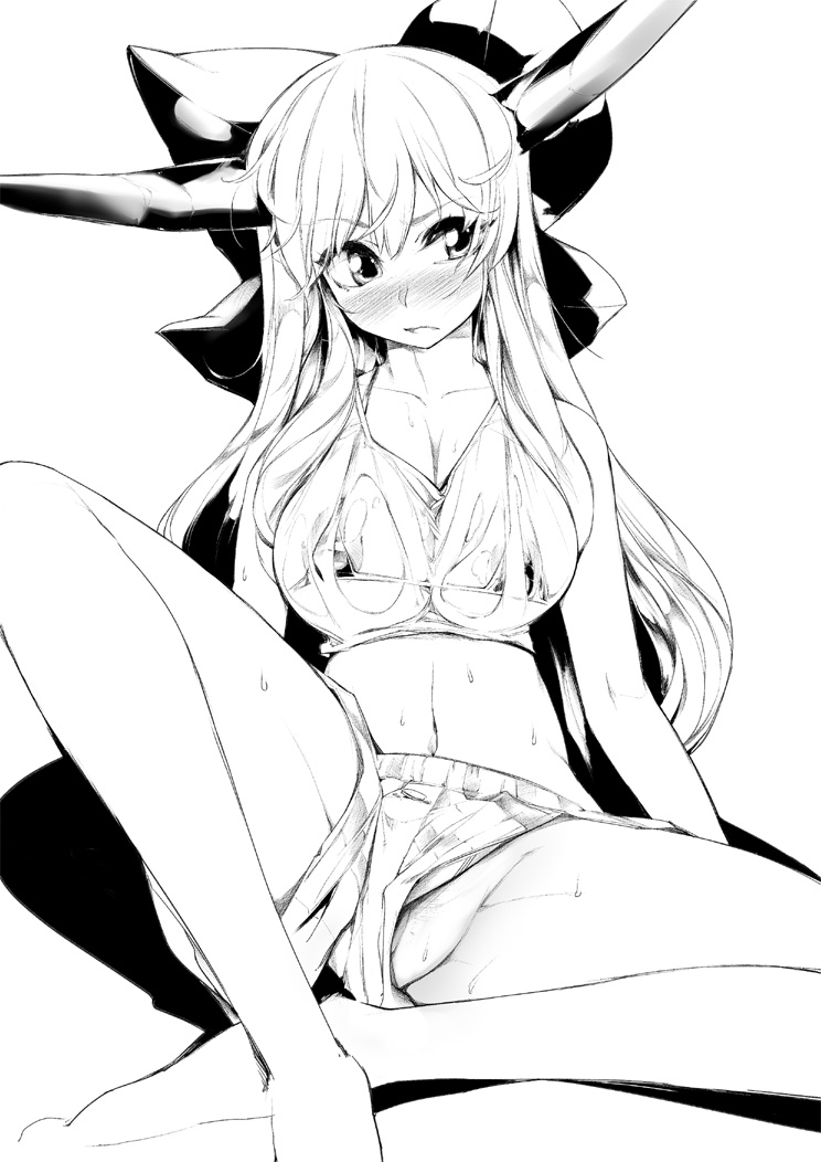1girl aged_up alternate_breast_size alternate_costume bad_id bad_pixiv_id barefoot bikini blush bow breasts cleavage collarbone embarrassed female_focus greyscale hair_bow horns ibuki_suika large_breasts long_hair midriff monochrome navel no_panties oni partially_visible_vulva pussy pussy_peek raised_eyebrow see-through_clothes shorts simple_background solo spread_legs stomach string_bikini swimsuit tank_top tareme topo_(bacchustab) topo_bevitore touhou upshorts very_long_hair wet white_background