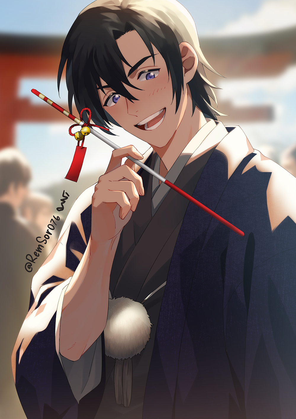 1boy bell black_hair blue_eyes blue_haori blurry blurry_background crowd grey_kimono hagiwara_kenji haori haori_himo highres holding holding_stick japanese_clothes jingle_bell kimono light_blush looking_at_viewer male_focus meitantei_conan open_mouth remsor076 solo stick twitter_username
