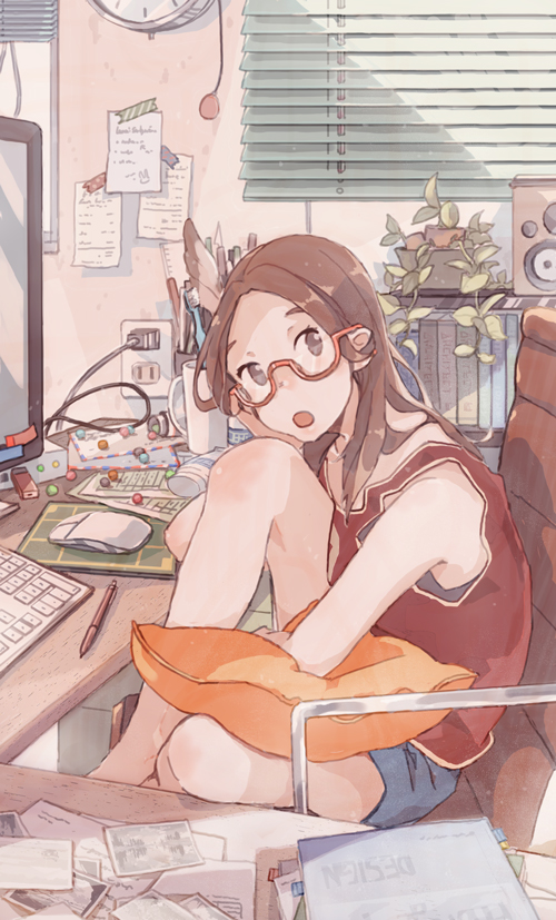 1girl :o book brown_eyes brown_hair cable chair clock commentary_request computer_mouse cup cushion electrical_outlet female_focus glasses hand_on_own_chin indoors keyboard knee_up kujyoo long_hair monitor mousepad_(object) mug no_bangs original pen photo_(object) plant potted_plant red-framed_eyewear red_tank_top semi-rimless_eyewear shorts sitting slice_of_life solo speaker tank_top toothbrush under-rim_eyewear usb window_blinds