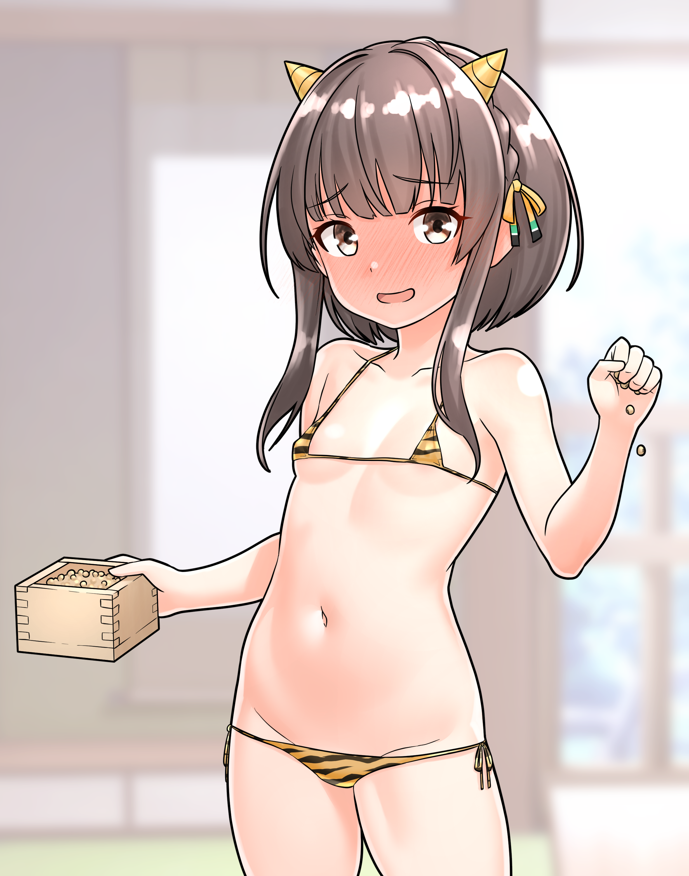 1girl absurdres animal_print bikini breasts brown_eyes commentary_request cone_horns cosplay furaggu_(frag_0416) hair_ribbon hand_up highres horns indoors kantai_collection looking_at_viewer micro_bikini navel ribbon short_hair short_hair_with_long_locks side-tie_bikini_bottom solo standing stomach swimsuit thighs tiger_print ukuru_(kancolle) yellow_ribbon
