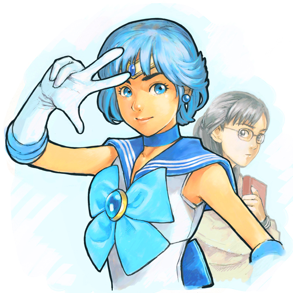 1990s_(style) 1girl 2girls bishoujo_senshi_sailor_moon blue_eyes blue_hair blue_sailor_collar book bow brooch choker dual_persona earrings glasses gloves jewelry mizuno_ami multiple_girls multiple_views pretty_guardian_sailor_moon realistic retro_artstyle sailor_collar sailor_mercury sivva tiara v white_gloves