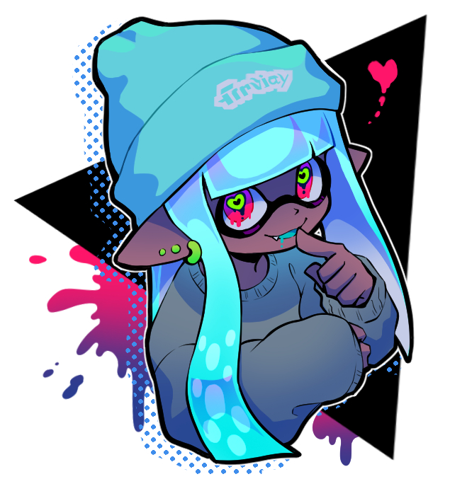 1girl beanie blue_hair blue_hat blue_tongue colored_tongue dark-skinned_female dark_skin fang finger_to_another&#039;s_mouth grey_sweater hat heart heart-shaped_pupils inkling inkling_girl inkling_player_character light_blue_hair long_hair long_sleeves melting_eyes multiple_piercings nintendo open_mouth pointy_ears red_eyes smile solo splatoon_(series) sweater symbol-shaped_pupils tentacle_hair teo_(teorekka)