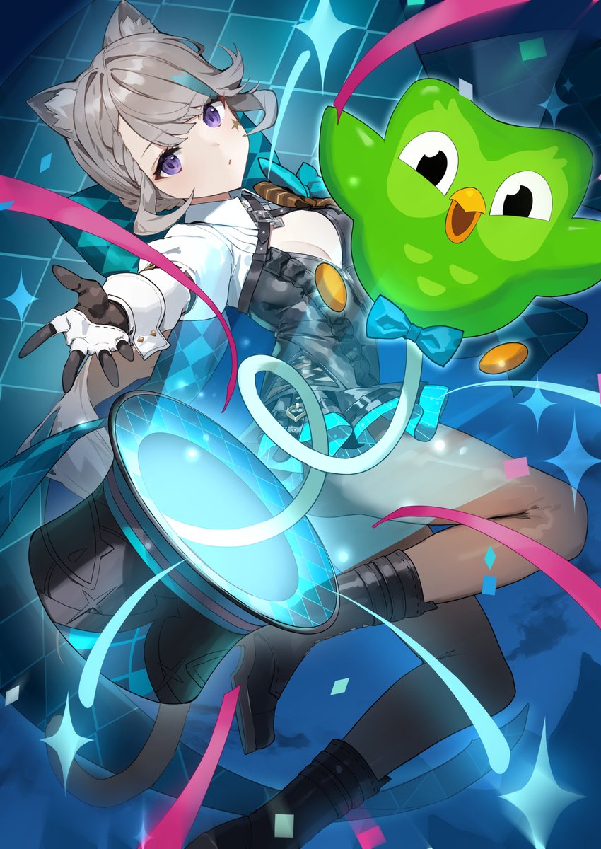 1girl amagasa_yun animal_ear_fluff animal_ears black_footwear black_gloves black_hat boots breasts brown_pantyhose cat_ears cat_girl cat_tail cleavage commentary duo_(duolingo) duolingo genshin_impact gloves grey_hair hat highres long_hair long_sleeves looking_at_viewer lynette_(genshin_impact) pantyhose parted_lips purple_eyes reaching reaching_towards_viewer star_tattoo symbol-only_commentary tail tattoo top_hat two-tone_gloves white_gloves