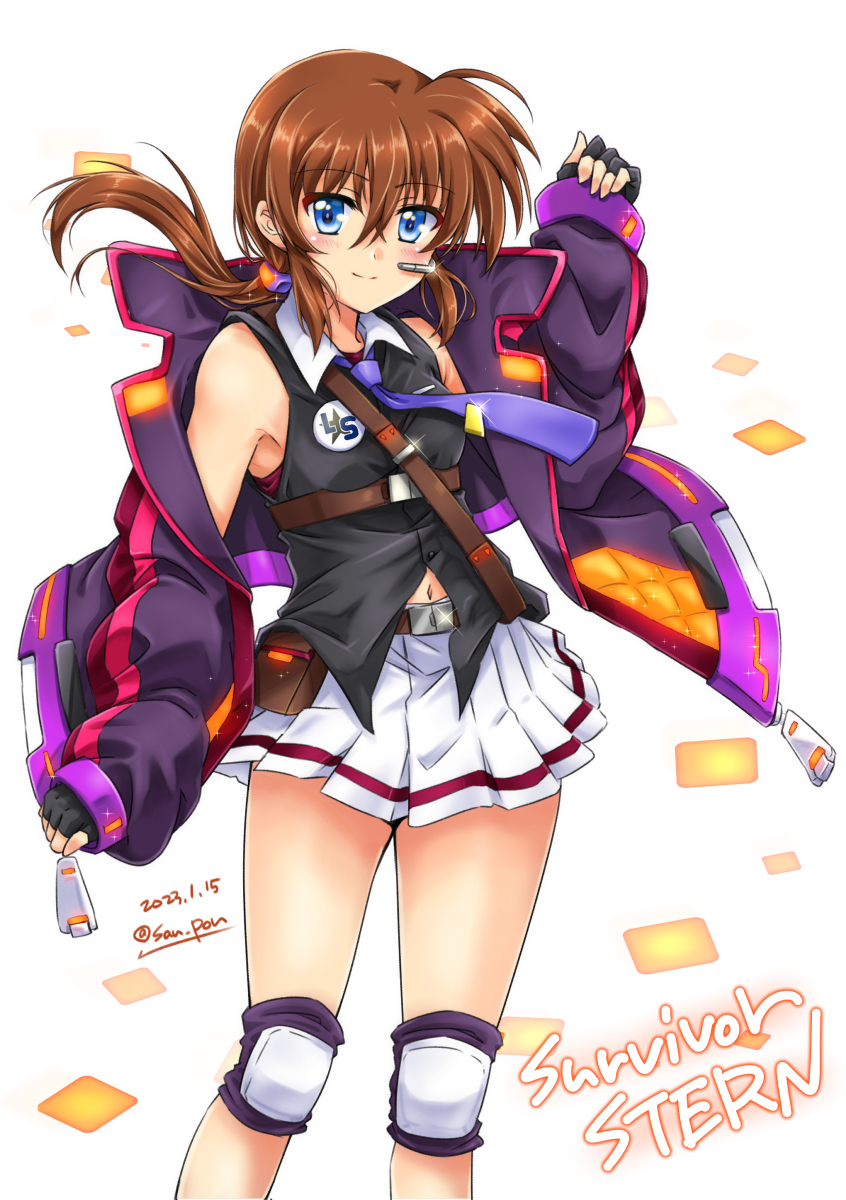 1girl artist_name bare_shoulders blue_eyes blush breasts brown_hair closed_mouth dated highres long_hair looking_at_viewer lyrical_nanoha lyrical_store mahou_shoujo_lyrical_nanoha mahou_shoujo_lyrical_nanoha_a&#039;s mahou_shoujo_lyrical_nanoha_a&#039;s_portable:_the_battle_of_aces microphone miniskirt navel ponytail san-pon simple_background skirt small_breasts smile solo stern_the_destructor