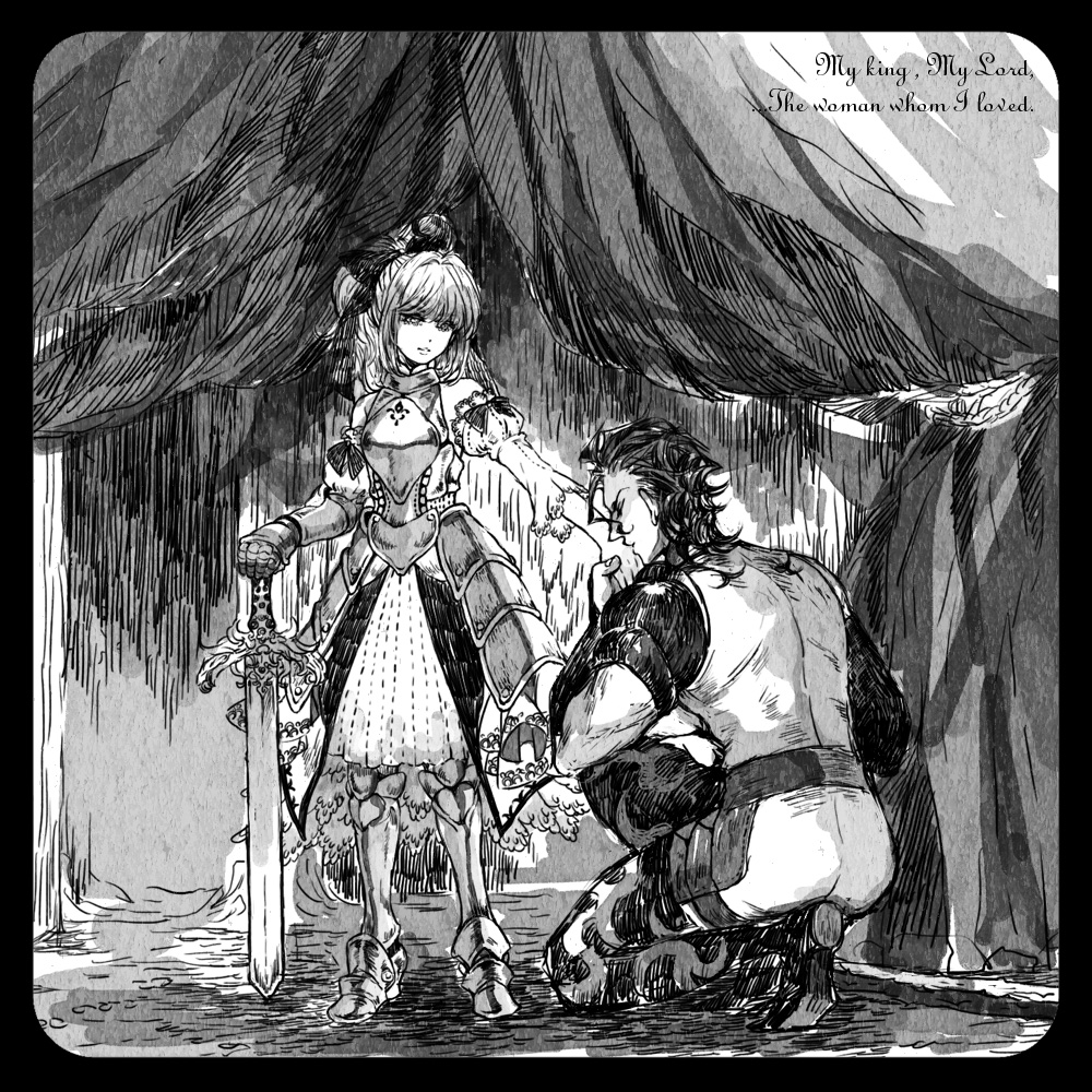 1boy 1girl adapted_costume armor armored_dress artoria_pendragon_(fate) bow bowing couple diarmuid_ua_duibhne_(fate) diarmuid_ua_duibhne_(lancer)_(fate) dress fate/unlimited_codes fate/zero fate_(series) faulds faux_traditional_media greaves greyscale hair_bow hair_ribbon hand_on_hilt height_difference hetero kiss kissing_hand kneeling monochrome nosuke_(umiboshi) on_one_knee planted planted_sword planted_weapon ribbon saber_(fate) saber_lily sword weapon
