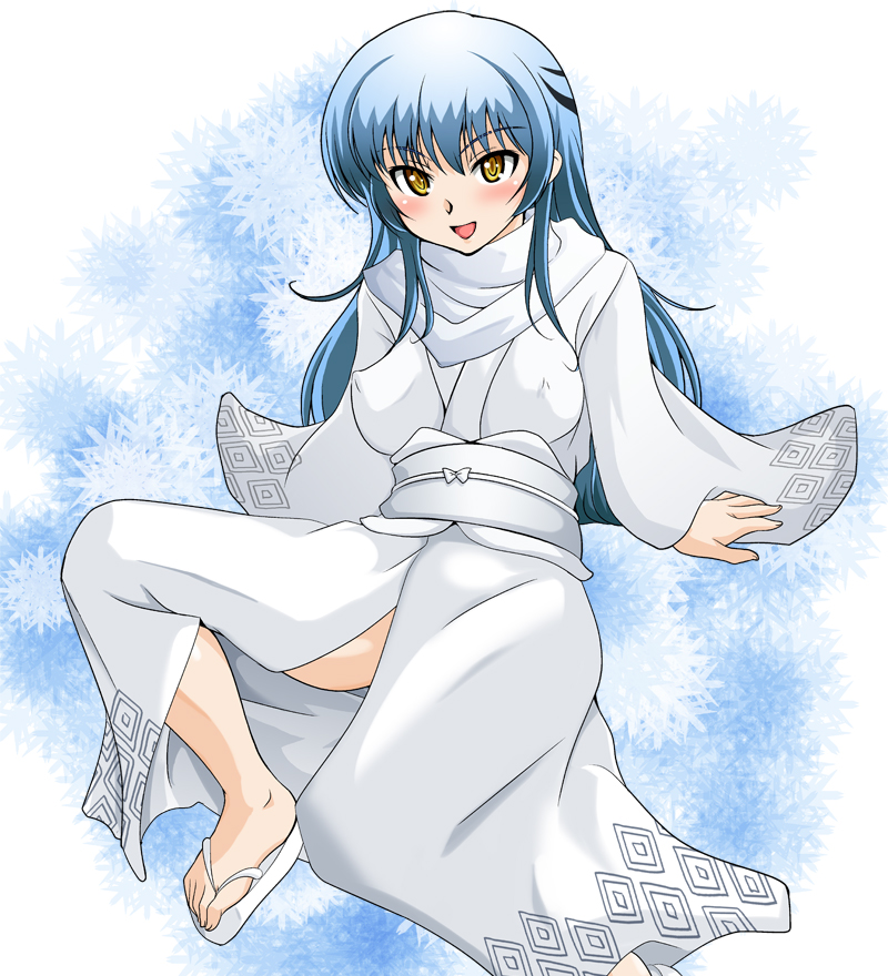 1girl 2010 blue_hair blush breasts japanese_clothes kimono large_breasts long_hair looking_at_viewer medium_breasts nurarihyon_no_mago oikawa_tsurara ryumage sandals sitting white_kimono white_sandals yellow_eyes yuki_onna_(nurarihyon_no_mago)