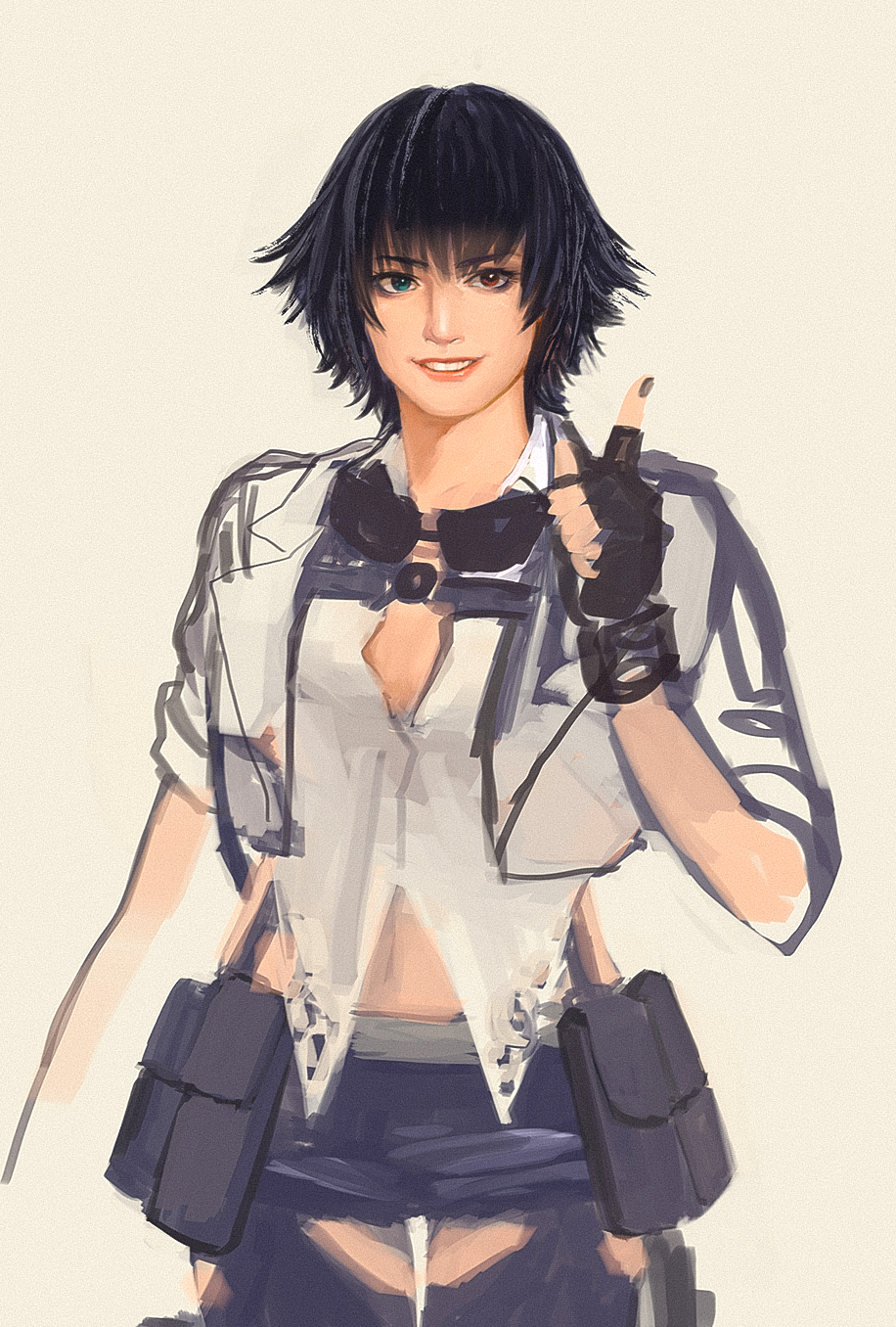 1girl black_gloves black_hair black_shorts chris1121 devil_may_cry_(series) devil_may_cry_5 fingerless_gloves gloves goggles goggles_around_neck green_eyes heterochromia highres jacket lady_(devil_may_cry) midriff red_eyes shirt shorts simple_background smile white_jacket white_shirt