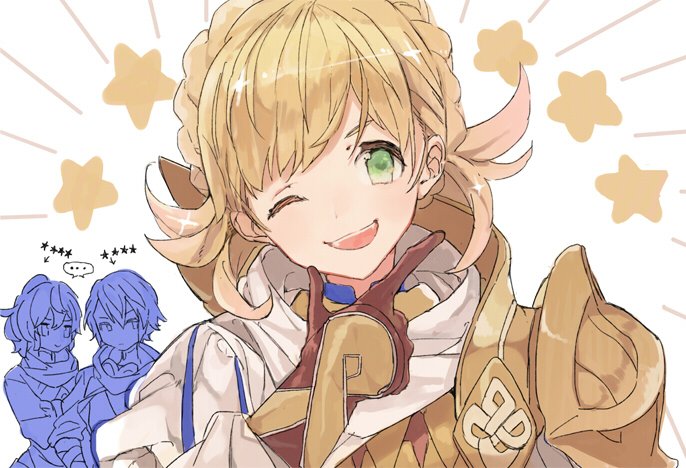 1boy 2girls anna_(fire_emblem) armor blonde_hair braid crown_braid fire_emblem fire_emblem_heroes gloves green_eyes long_hair looking_at_viewer multiple_girls nana_tetra nintendo one_eye_closed open_mouth scale_armor sharena_(fire_emblem) smile