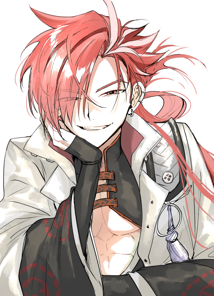 1boy abs black_kimono commentary_request ear_piercing earrings elbow_rest eyebrow_cut eyes_visible_through_hair fate/grand_order fate_(series) grin hair_over_one_eye head_rest jacket japanese_clothes jewelry kimono long_hair long_sleeves looking_at_viewer male_focus multicolored_hair nagatekkou open_clothes open_jacket parted_bangs pectorals piercing pink_hair red_eyes red_hair simple_background smile solo streaked_hair takasugi_shinsaku_(fate) tassel teeth upper_body v-shaped_eyebrows white_background white_jacket wide_sleeves yuta_arata