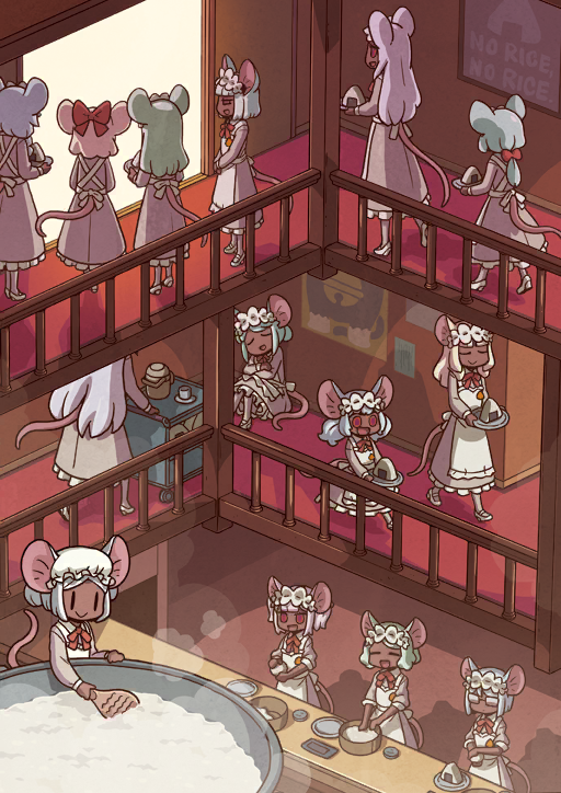 6+girls animal_ears apron aqua_hair back_bow blue_hair bob_cut bow bowtie closed_eyes closed_mouth cooking cup daikokuten_(fate) daikokuten_(first_ascension)_(fate) dark-skinned_female dark_skin dress fate/grand_order fate_(series) food frilled_apron frilled_dress frills game_cg glasses green_hair hair_bow hairband half-closed_eyes hat high_heels holding holding_food holding_plate long_hair long_sleeves low_ponytail maid maid_headdress medium_hair mob_cap mouse_ears mouse_girl mouse_tail multiple_girls official_art onigiri open_mouth pantyhose pink_dress pink_hair plate ponytail pumps purple_hair rectangular_eyewear red_bow red_bowtie red_eyes rice riyo_(lyomsnpmp) running serving_cart shamoji shoes short_hair sidelocks sitting sleeping sleeve_cuffs sleeves_pushed_up smile standing steam tail third-party_source twintails very_dark_skin very_long_hair walking white_apron white_bow white_hairband white_hat white_shoes |_|
