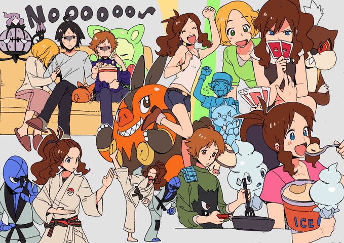 2boys 2girls alternate_costume bianca_(pokemon) black_hair blonde_hair blue_eyes brown_hair card chandelure cheren_(pokemon) dewott eating flying_sweatdrops food foongus gen_1_pokemon gen_5_pokemon gengar green_eyes hilbert_(pokemon) hilda_(pokemon) holding holding_card ice_cream kicking lillipup multiple_boys multiple_girls multiple_views nashubi_(to_infinity_wow) nintendo pignite pokemon pokemon_(creature) pokemon_bw ponytail popcorn reuniclus sawk smile spatula sweat teeth throh watchog