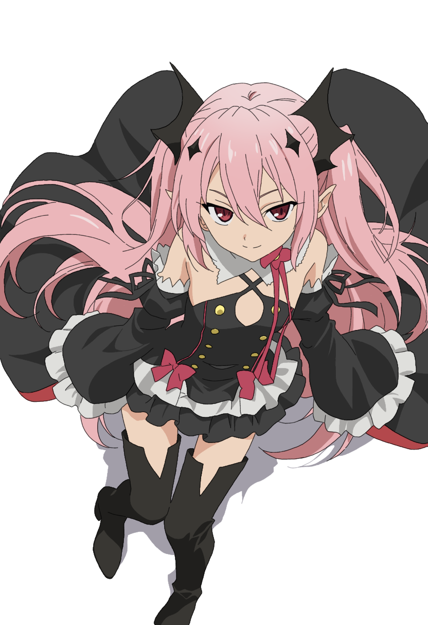 1girl bare_shoulders black_boots boots bow bowtie breasts closed_mouth detached_sleeves from_above full_body hair_between_eyes hair_ornament head_wings highres krul_tepes light_smile long_hair long_sleeves looking_at_viewer nekokawa_isugi owari_no_seraph pink_hair pointy_ears red_bow red_bowtie red_eyes shadow simple_background slit_pupils small_breasts solo standing thigh_boots twintails vampire very_long_hair white_background wide_sleeves wings