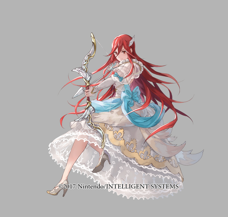 1girl arrow_(projectile) bow_(weapon) bridal_gauntlets copyright_notice cordelia_(fire_emblem) cordelia_(perfect_bride)_(fire_emblem) dress fire_emblem fire_emblem_awakening fire_emblem_heroes full_body grey_background hair_ornament high_heels holding holding_bow_(weapon) holding_weapon long_hair looking_at_viewer mayo_(becky2006) nintendo official_art red_eyes red_hair ribbon smile solo very_long_hair weapon wedding_dress white_dress