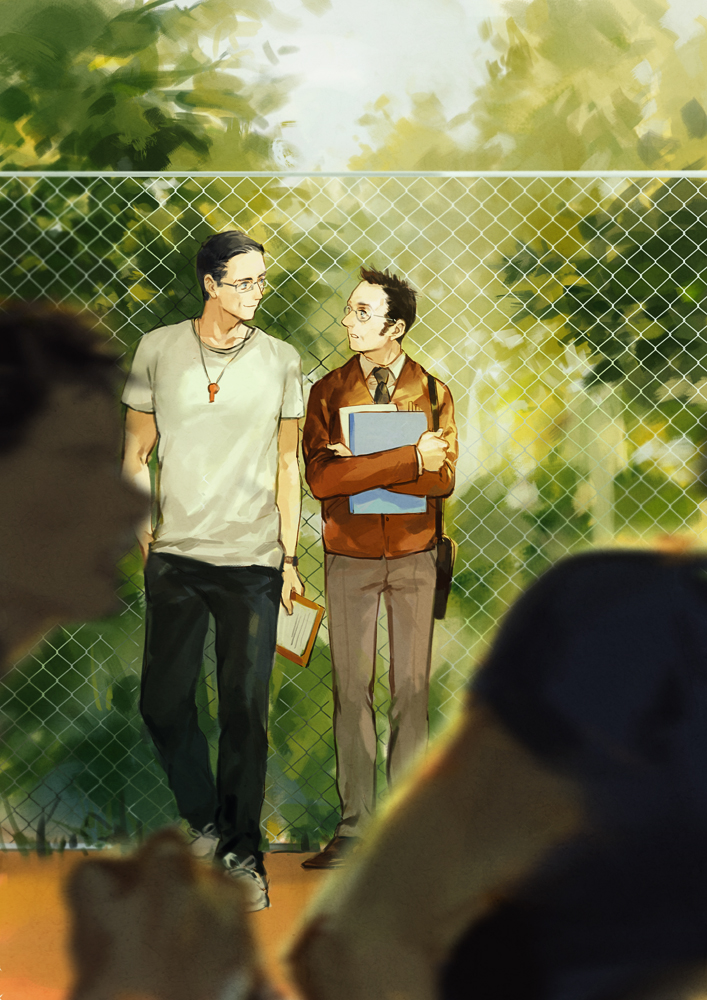 2boys against_fence bag black_hair black_pants chain-link_fence clipboard dark-skinned_male dark_skin day eye_contact fence folder full_body glasses grey_hair gym_teacher hair_slicked_back harold_finch_(person_of_interest) holding holding_clipboard holding_folder john_reese_(person_of_interest) looking_at_another male_focus mature_male multicolored_hair multiple_boys out_of_frame outdoors pants people person_of_interest rectangular_eyewear shirt short_hair shoulder_bag sideburns smile streaked_hair tree whistle whistle_around_neck white_shirt wwwe314