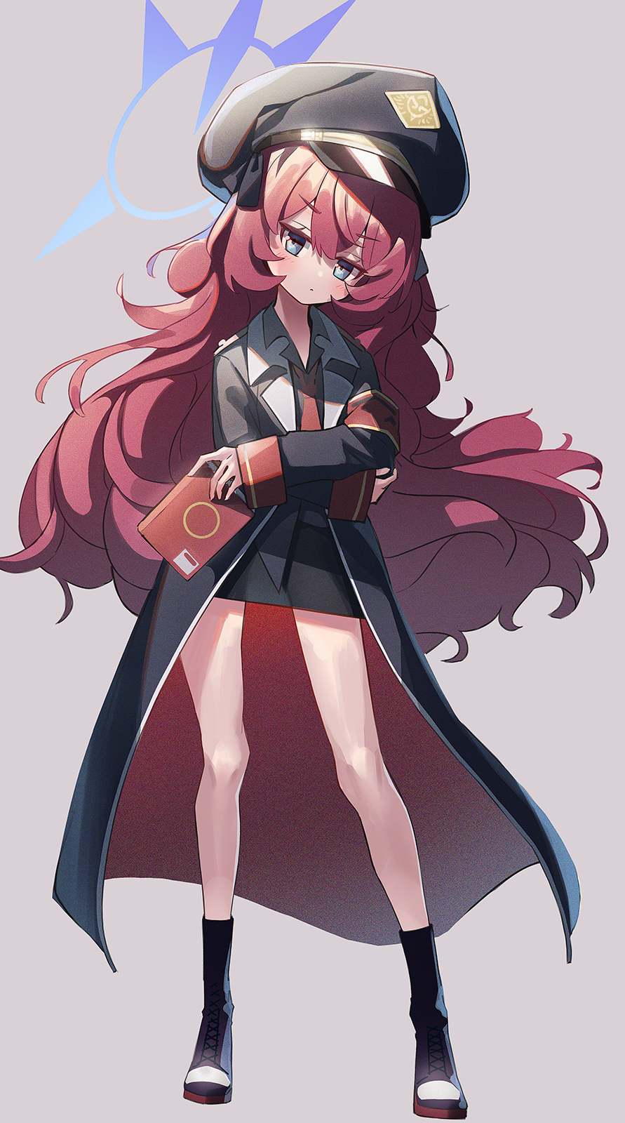 1girl black_coat black_socks blue_archive blue_eyes book coat collared_shirt crossed_arms full_body grey_background hair_between_eyes halo head_tilt highres holding holding_book iroha_(blue_archive) kneehighs long_hair long_sleeves looking_at_viewer miyoshi_nao_(miyoshist) necktie red_hair school_uniform shirt shoes sidelocks simple_background sneakers socks solo standing translation_request