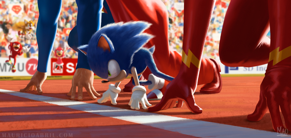 amy_rose animal_nose blurry blurry_background bodysuit cape crossover crowd dc_comics gloves jumping justice_league knuckles_the_echidna male_focus mauricio_abril out_of_frame red_cape serious sonic_(series) sonic_the_hedgehog spiked_hair starting_position superhero_costume superman tails_(sonic) the_flash white_gloves