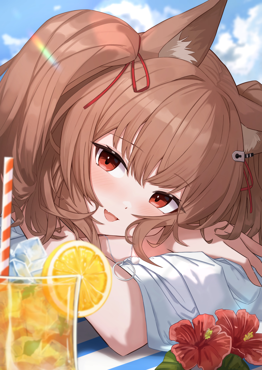 1girl :d angelina_(arknights) angelina_(summer_flower)_(arknights) animal_ear_fluff animal_ears arknights beach_towel blue_sky brown_hair close-up day dot_nose drink drinking_straw fang flower food fox_ears fox_girl fruit glass hair_between_eyes hair_ribbon hibiscus highres ice jewelry lemon lemon_slice lens_flare long_hair looking_at_viewer lying nagi_(nagisanote) necklace open_mouth outdoors red_eyes red_flower red_ribbon ribbon skin_fang sky smile solo swimsuit_cover-up towel twintails upper_body