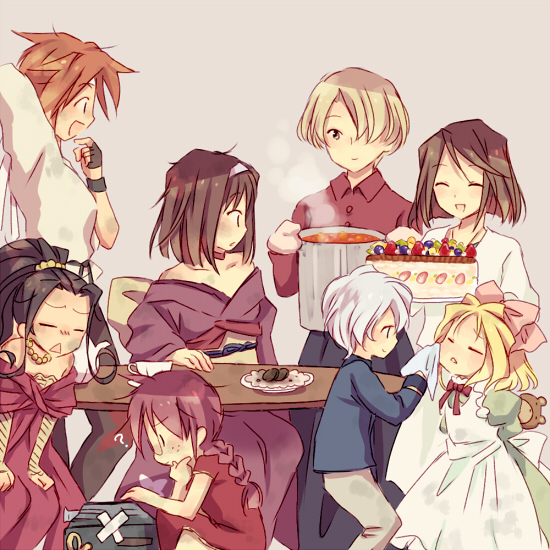 00s 6+girls ? ^_^ ^o^ antique_camera arms_behind_head bandaid bandaid_on_object black_hair blonde_hair blue_eyes bow braid brown_eyes brown_hair cake camera chair china_dress chinese_clothes choker closed_eyes cookie cooking_pot cup curly_hair dougi dress earrings food freckles fujieda_kaede glasses grey_hair hair_bow hairband holding holding_cooking_pot holding_plate holding_pot iris_chateaubriand japanese_clothes jean-paul jewelry kanzaki_sumire kimono kirishima_kanna kneeling looking_at_another looking_to_the_side maria_tachibana multiple_girls necklace obi oven_mitts pants pink_bow plate pot purple_background purple_hair red_dress red_hair red_shirt reni_milchstrasse reverse_trap ri_kouran sakura_taisen sakura_taisen_ii sash saucer shirt short_hair simple_background sitting skirt smudge soletta_orihime soup spiked_hair steam strapless strapless_dress stuffed_animal stuffed_toy surprised table teacup teapot teddy_bear tranquillo_barnetta twin_braids wato wiping_face