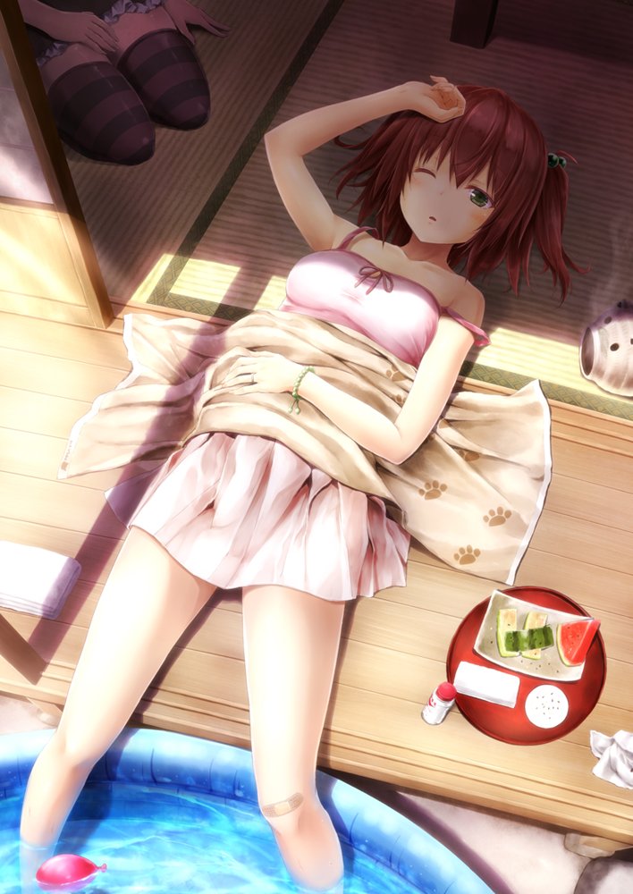 2girls ;o arm_up bandaid bandaid_on_knee bandaid_on_leg bare_shoulders blanket blush brown_hair collarbone day dress food fruit green_eyes hair_bobbles hair_ornament kurumi_(suien) lying multiple_girls on_back one_eye_closed original out_of_frame outdoors partially_submerged paw_print salt_shaker seiza short_dress sitting sleeveless sleeveless_dress solo_focus striped_legwear suien sundress thighhighs tray twintails two_side_up wading_pool water water_balloon watermelon