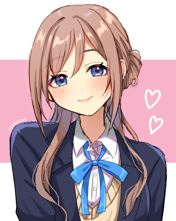 1girl ayaca blazer blue_eyes blue_jacket blue_ribbon blush brown_hair dated gakuen_idolmaster hatsuboshi_gakuen_school_uniform head_tilt heart himesaki_rinami idolmaster jacket looking_at_viewer neck_ribbon pink_background ribbon school_uniform shirt smile solo sweater two-tone_background upper_body white_shirt yellow_sweater