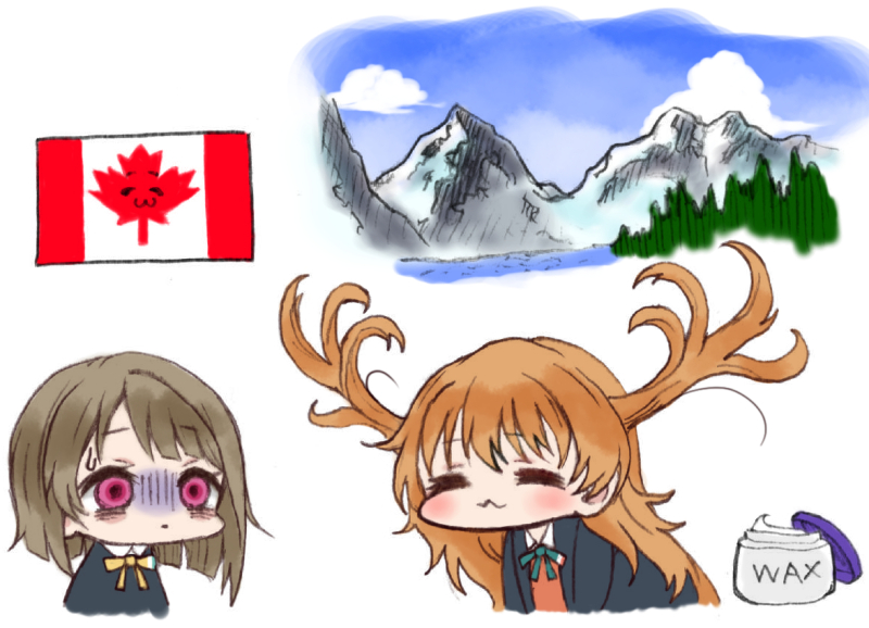 2girls :3 black_jacket bob_cut brown_hair canadian_flag cloud cloudy_sky commentary english_text fake_antlers forest jacket konoe_kanata landscape long_hair love_live! love_live!_nijigasaki_high_school_idol_club messy_hair mountain multiple_girls nakasu_kasumi nature neck_ribbon nijigasaki_school_uniform nori_shio_(ususiosaikou) orange_hair pun ribbon school_uniform short_hair sky sweat turn_pale wax white_background
