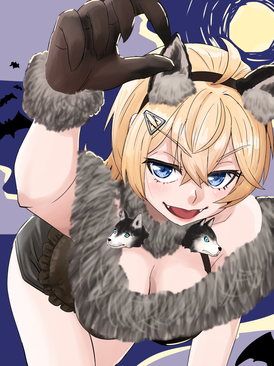 1girl all_fours animal_costume animal_ears animal_hands bat_(animal) blonde_hair blue_eyes breasts brown_tank_top cleavage commentary_request fangs full_moon gloves halloween_costume highres kantai_collection medium_breasts medium_hair moon nekotarou_(nktr299) partial_commentary paw_gloves short_shorts shorts solo tank_top tuscaloosa_(halloween)_(kancolle) tuscaloosa_(kancolle) wolf_costume wolf_ears wolf_girl