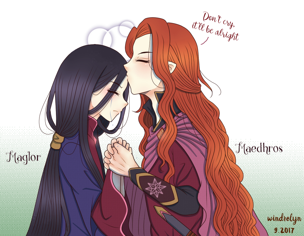2017 2boys androgynous artist_name black_hair brothers character_name closed_eyes closed_mouth collar dated elf english_text eyebrows eyebrows_hidden_by_hair eyelashes eyes_visible_through_hair high_collar holding_hands kiss kissing_forehead long_hair maedhros maglor male_focus multiple_boys pointy_ears prince profile red_hair siblings talking the_silmarillion tolkien&#039;s_legendarium windrelyn