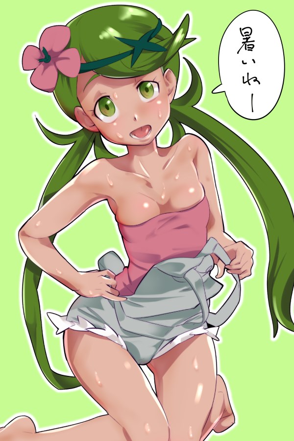 1girl bad_id bad_pixiv_id bare_shoulders barefoot blush breasts dark-skinned_female dark_skin female_focus flower gluteal_fold green_background green_eyes green_hair green_hairband hair_flower hair_ornament hairband head_tilt hot jpeg_artifacts kneeling knees_together_feet_apart long_hair mallow_(pokemon) matching_hair/eyes nintendo open_mouth outline overalls overalls_pull pink_flower pink_shirt pokemon pokemon_sm shiny_skin shirt simple_background skindentation small_breasts solo strapless sweat swept_bangs teeth tongue trial_captain tube_top twintails very_long_hair white_outline zaitsu