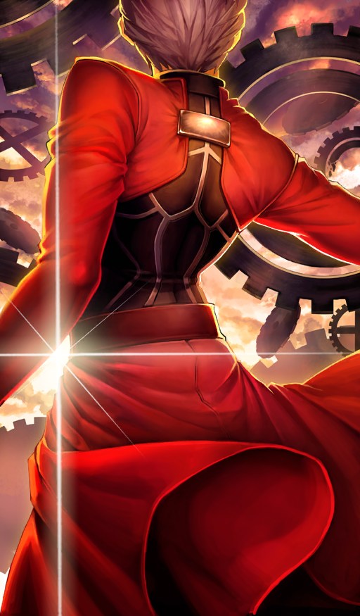 1boy archer_(fate) belt black_shirt cloud cloudy_sky commentary cowboy_shot fate/grand_order fate_(series) from_behind gears hands_out_of_frame jacket lasengle male_focus official_art red_belt red_jacket red_skirt red_theme shirt skirt sky solo third-party_source unlimited_blade_works_(reality_marble) white_hair