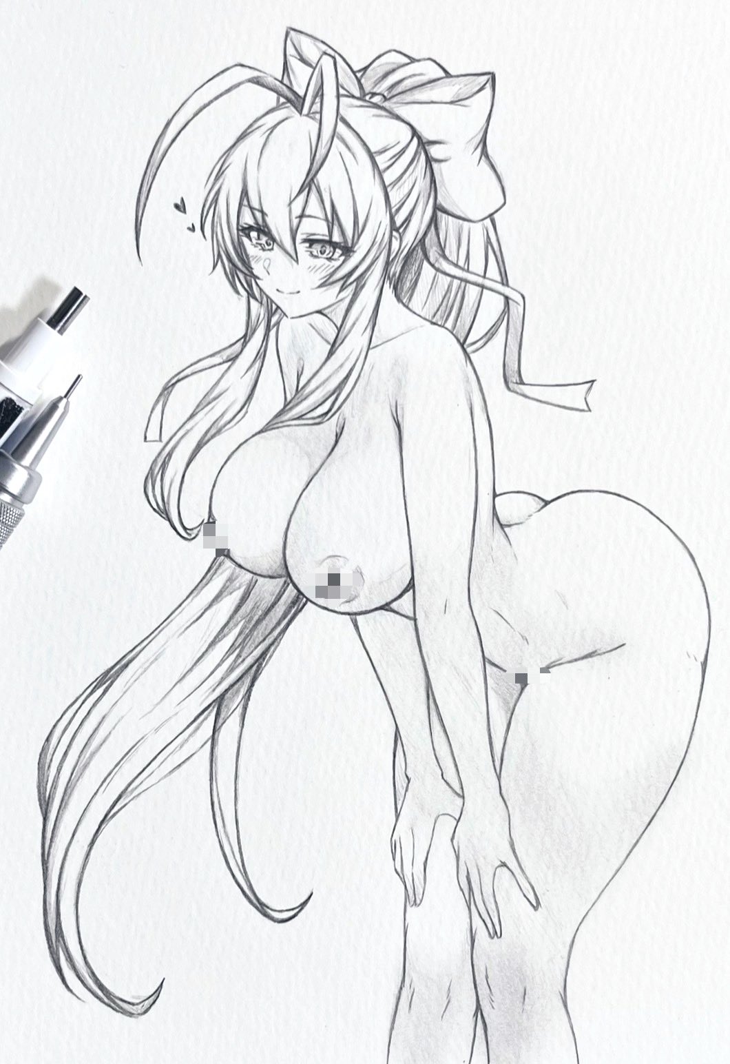 1girl armpit_crease art_tools_in_frame ass blazblue bow breasts censored censored_nipples closed_mouth commentary_request completely_nude graphite_(medium) greyscale hair_between_eyes hair_bow highres large_bow large_breasts leaning_forward long_hair looking_at_viewer mai_natsume monochrome mosaic_censoring nude seishun_dendeke smile solo traditional_media very_long_hair