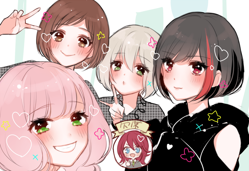 5girls afterglow_(bang_dream!) aoba_moca bang_dream! black_hair blue_eyes blush bob_cut brown_eyes brown_hair clothing_cutout green_eyes grey_hair grin group_picture haneoka_school_uniform hazawa_tsugumi heart hikasa_youko hood hood_down hoodie kanemoto_hisako katou_emiri long_hair looking_at_viewer mamaloni misawa_sachika mitake_ran multicolored_hair multiple_girls photo-referenced pink_hair plaid red_eyes red_hair sakura_ayane school_uniform short_hair shoulder_cutout smile star_(symbol) streaked_hair udagawa_tomoe uehara_himari unmoving_pattern upper_body v voice_actor_connection