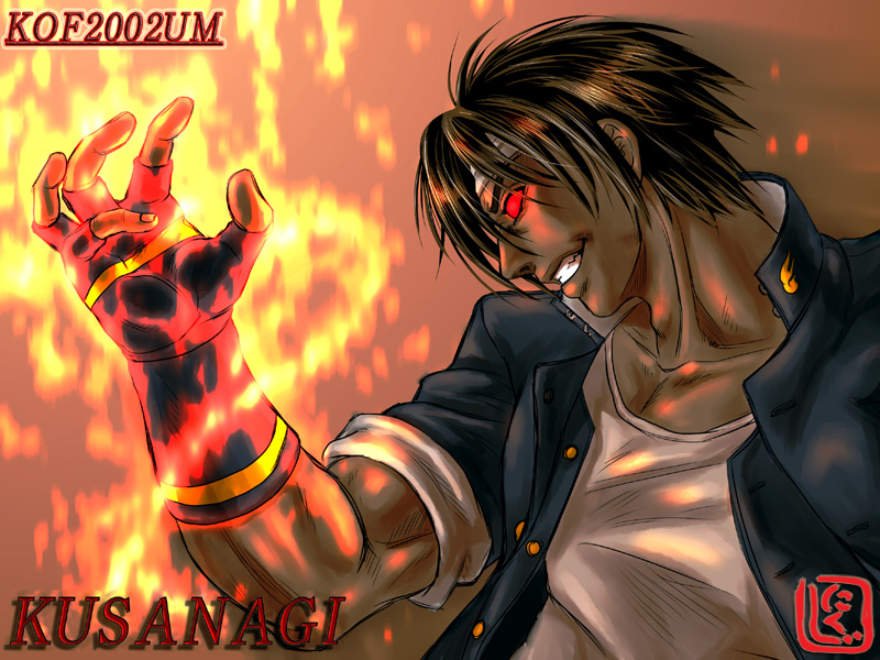 1boy black_hair collarbone dark-skinned_male dark_skin fingerless_gloves fire gloves glowing glowing_eyes headband jacket kusanagi_(clone) muscular nikuji-kun open_clothes open_jacket red_eyes short_hair sleeves_rolled_up snk the_king_of_fighters the_king_of_fighters_2002