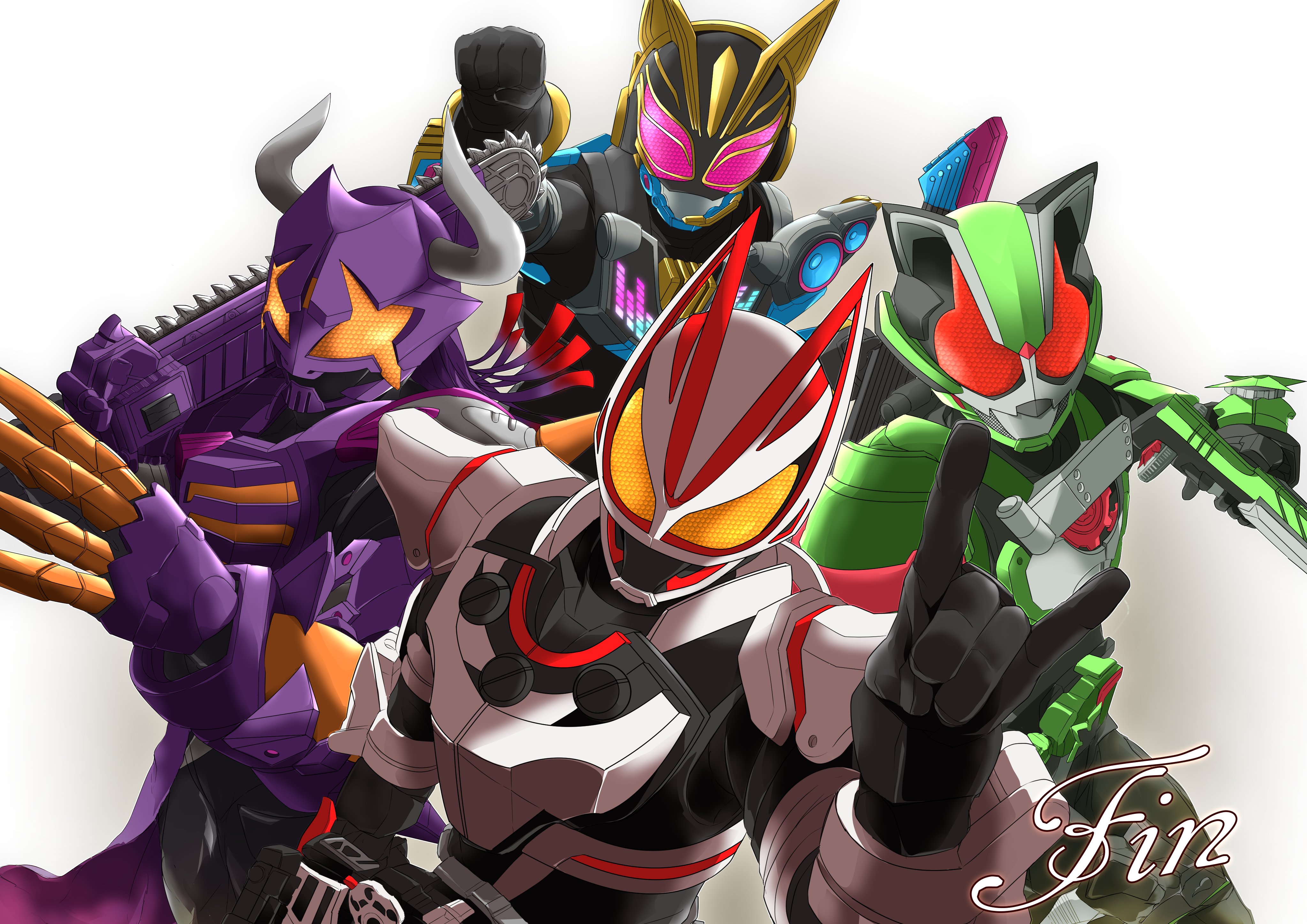 +_+ 1girl 3boys absurdres animal_ears armor axe beat_axe beat_buckle belt black_background black_bodysuit black_gloves bodysuit boots buffalo bull cat_ears chainsaw claw_(weapon) clenched_hand commentary_request compound_eyes cowboy_shot desire_driver rider_belt earpiece fighting_stance foreshortening fox fox_mask gears gloves glowing glowing_eyes gradient_background green_armor guitar gun highres holding holding_instrument holding_weapon horns instrument kamen_rider kamen_rider_buffa kamen_rider_geats kamen_rider_geats_(series) kamen_rider_na-go kamen_rider_tycoon keytar kitsune leaf long_hair looking_at_viewer magnum_boost magnum_shooter_40x male_focus mask microphone miyabi_(037) multicolored_background multiple_boys music ninja ninja_buckle ninja_dueler open_hands orange_background over_shoulder pink_eyes playing_instrument pointing pointing_at_viewer purple_hair raccoon_ears raise_buckle red_eyes reverse_grip rifle scarf shoulder_armor shoulder_spikes sparkle spikes sword tanuki tokusatsu two-tone_background upper_body weapon weapon_over_shoulder white_armor zombie_breaker zombie_buckle