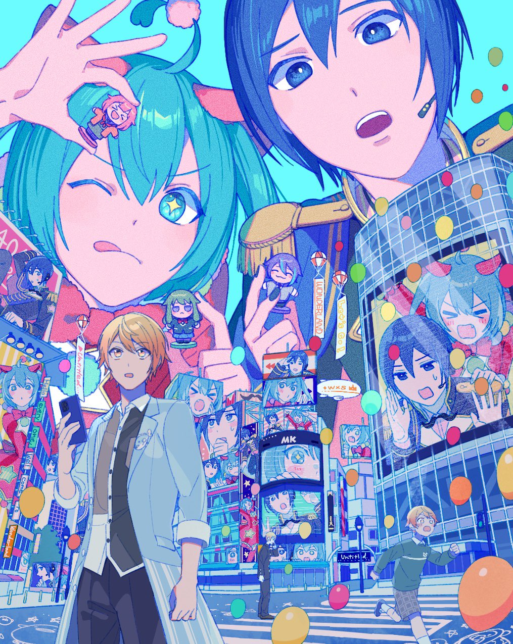 &gt;_&lt; 1girl 2boys aircraft animal_ears arm_up arms_up balloon banner billboard black_jacket black_pants blonde_hair blue_cape blue_coat blue_eyes blue_hair blue_nails bow bowtie building buttons cape cellphone child cityscape coat collared_shirt commentary_request crosswalk curled_fingers dirigible dual_persona english_text epaulettes fang fish gakuran green_eyes green_hair green_shirt grey_shorts hair_between_eyes hatsune_miku headset highres holding holding_figure holding_phone jacket jitome jumbotron kachix2purin kaito_(vocaloid) kamishiro_rui kusanagi_nene lamppost lapels layered_clothes long_sleeves looking_up multicolored_hair multiple_boys nail_polish nervous_sweating ootori_emu open_mouth pants parachute patterned_clothing phone pink_coat pink_hair project_sekai purple_hair red_bow red_bowtie school_uniform shirt shorts star-shaped_pupils star_(symbol) streaked_hair sweat sweatdrop symbol-shaped_pupils teeth tenma_tsukasa tongue tongue_out upper_teeth_only vocaloid wing_collar wonderlands_x_showtime_kaito wonderlands_x_showtime_miku yellow_eyes yellow_trim