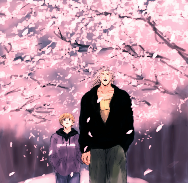 2boys bara blonde_hair cherry_blossoms couple cowboy_shot facial_hair falling_petals green_eyes hanba_guyokota hand_in_pocket height_difference holding_hands hood hoodie hunter_x_hunter looking_up male_focus medium_hair multiple_boys mutton_chops open_mouth outdoors pectoral_cleavage pectorals petals shalnark short_hair size_difference smile spiked_hair tree uvogin yaoi