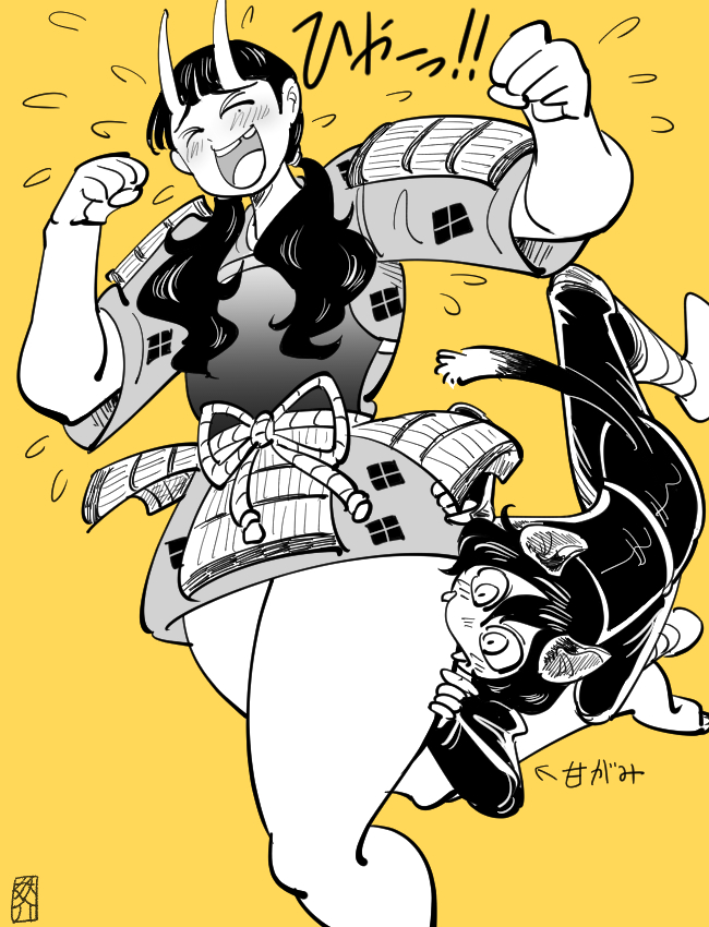 2girls :d animal_ears armor arms_up biting black_shirt blush cat_ears cat_tail closed_eyes dungeon_meshi horns inutade izutsumi long_hair multiple_girls open_mouth running shirt smile standing tail twintails yellow_background yousuke_(guruguru_medaman)