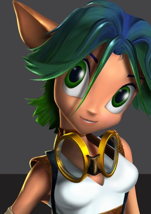 1girl 3d breasts cleavage female_focus goggles goggles_around_neck green_eyes green_hair jak_and_daxter keira_hagai long_ears naughty_dog smile solo