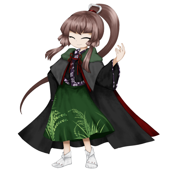 1other androgynous anmita_(rarutos) black_cape black_kimono brown_hair cape closed_eyes closed_mouth full_body green_skirt hair_ornament hand_on_own_hip hand_up japanese_clothes jynx_(style) kimono len&#039;en long_hair long_sleeves other_focus personification ponytail skirt smile socks solo tasouken variant_set white_socks