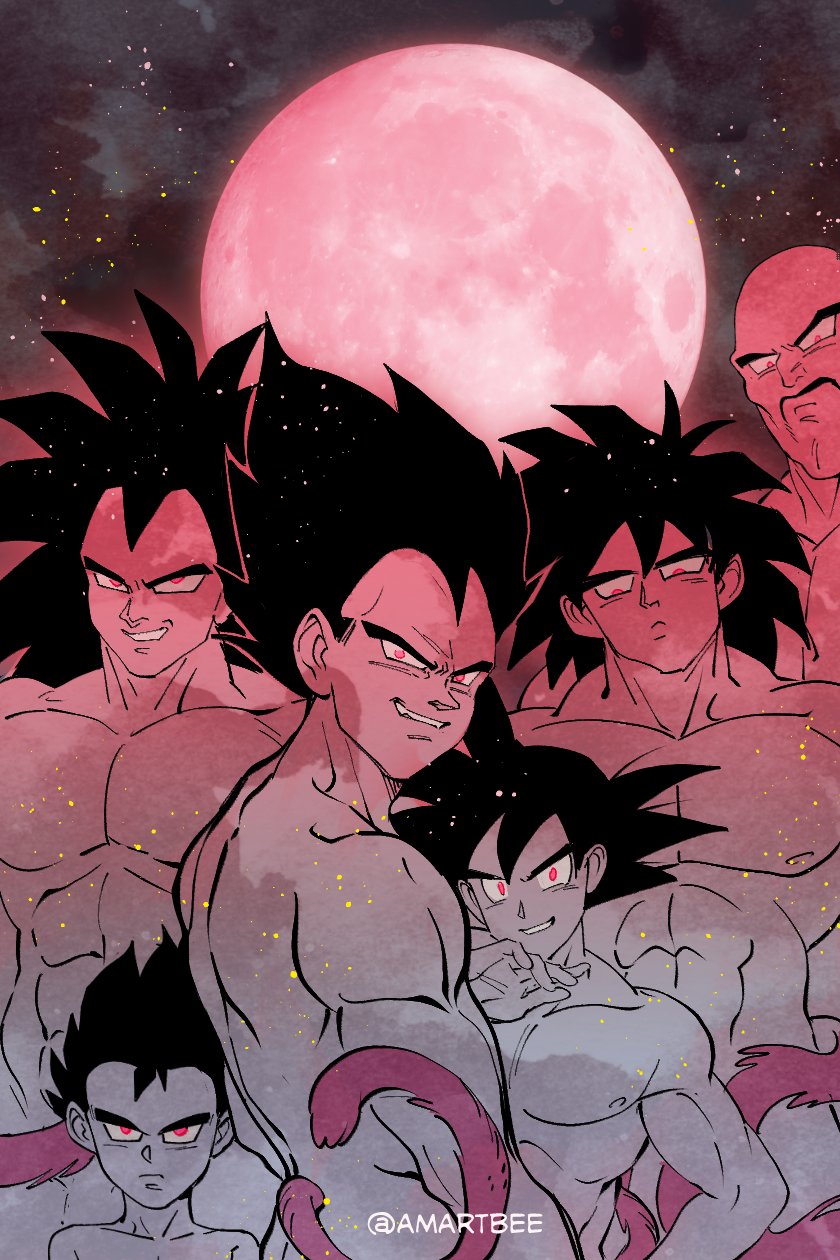 6+boys abs amartbee bald broly_(dragon_ball_super) brothers commentary completely_nude dragon_ball dragon_ball_super dragonball_z evil_smile facial_hair frown full_moon highres large_pectorals monkey_tail moon multiple_boys muscular muscular_male mustache nappa nude pectorals raditz red_eyes siblings sky smile son_goku star_(sky) starry_sky tail tarble vegeta