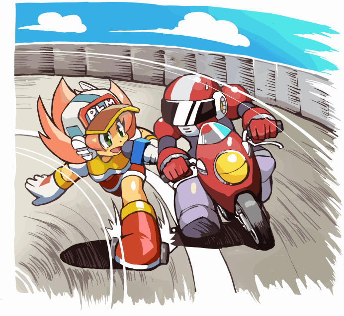 1boy 1girl android baseball_cap boots breasts commentary_request coramune dress english_text engrish_text gloves green_eyes hat headphones headset helmet holding holding_microphone joints long_hair mega_man:_battle_&amp;_chase mega_man_(classic) mega_man_(series) mega_man_10 microphone motor_vehicle motorcycle motorcycle_helmet multicolored_dress nitro_man on_motorcycle open_mouth orange_hair plum_(mega_man) radio ranguage red_dress red_footwear road robot robot_joints short_sleeves small_breasts wheel white_gloves white_headwear yellow_dress