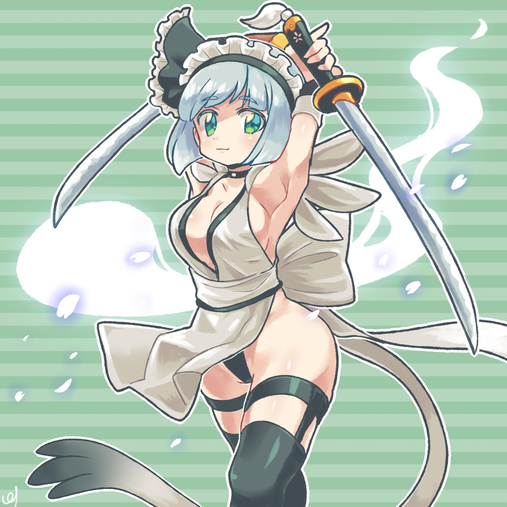 1girl armpits black_thighhighs breasts choker cleavage commission commissioner_upload cosplay detached_sleeves green_eyes grey_hair highres holding holding_sword holding_weapon iroha_(samurai_spirits)_(cosplay) konpaku_youmu konpaku_youmu_(ghost) maid maid_headdress maid_leotard medium_breasts multiple_swords open_mouth pmx samurai_spirits short_hair skeb_commission smile solo standing sword thighhighs touhou unconventional_maid weapon